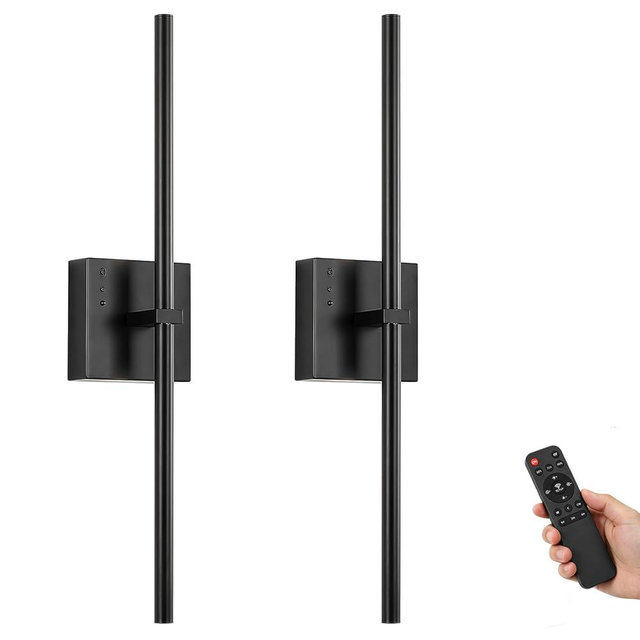 JUSHENG Battery Operated Wall Sconce Set of Two with Remote Control, 3000K-6000K Dimmable Black Wall Lights, Timable LED Wireless Wall Sconces, 350° Ratate for Bathroom, Living Room, Hallway 23.6 in