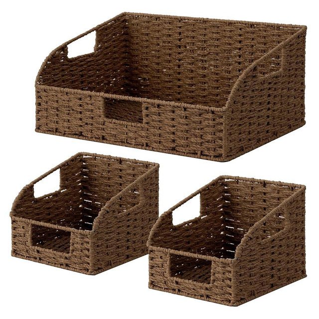 StorageWorks Paper Rope Pantry Storage Baskets, Wicker Baskets with Built-in Handles, Handwoven Shelf Baskets for Organizing, Pantry Organizers and Storage, Brown, 3 Pack