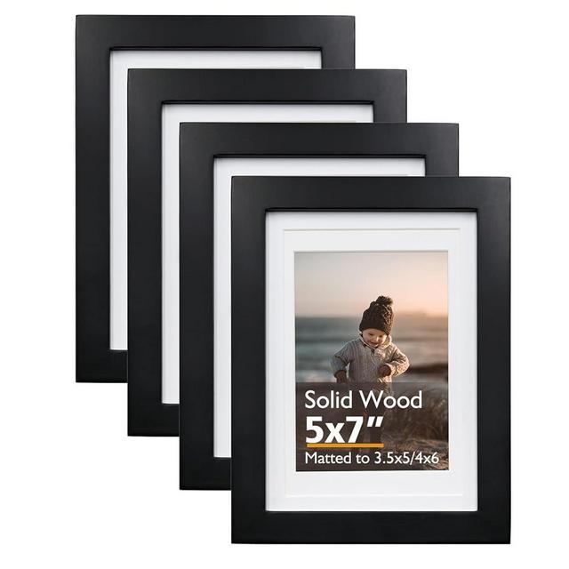 KINLINK 5x7 Picture Frame Black, Solid Wood Frames with Acrylic Plexiglass for Pictures 4x6 With Mat or 5x7 Without Mat,Tabletop and Wall Display Photo Frame Set of 4