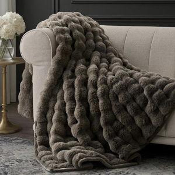 EverGrace Ultra Soft Luxury Fluffy Faux Rabbit Fur Throw Blanket - Dark Taupe, 60x80 Inches