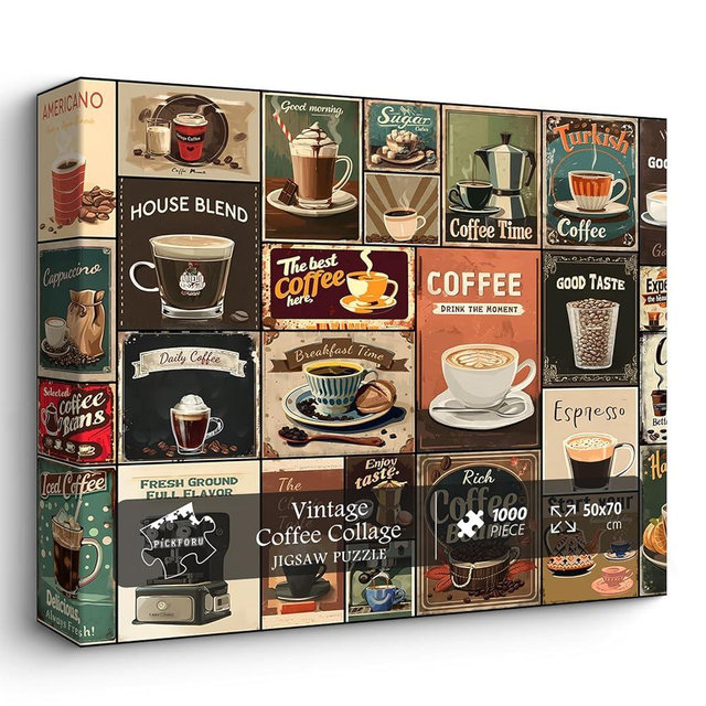 Vintage Coffee Collage Puzzles for Adults 1000 Pieces, PICKFORU Breakfast Food Jigsaw Puzzle Coffee Latte, Hard Difficult Retro Poster Theme for Home Wall Decor