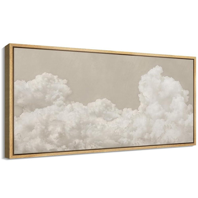 MUDECOR Extra Large Framed Canvas Print Wall Art Soft White Clouds on Beige Background Antique Retro Ready to Hang Painting for Living Room Bedroom Multi-Sizes - 60"x30"
