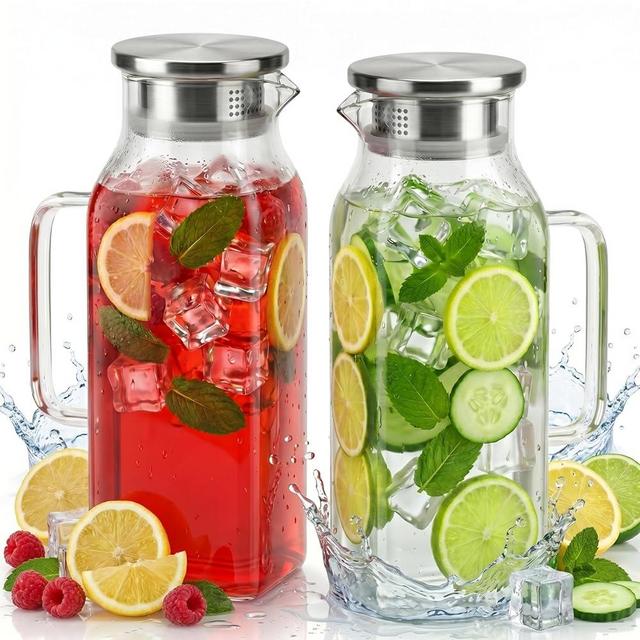 2 Pack Square Glass Pitcher with Lid and Handle, 68oz 2 Liter Borosilicate Glass Water Pitcher for Fridge, Heat Resistant Iced Tea Pitcher, Glass Carafe for Hot Cold Beverages Juice Lemonade