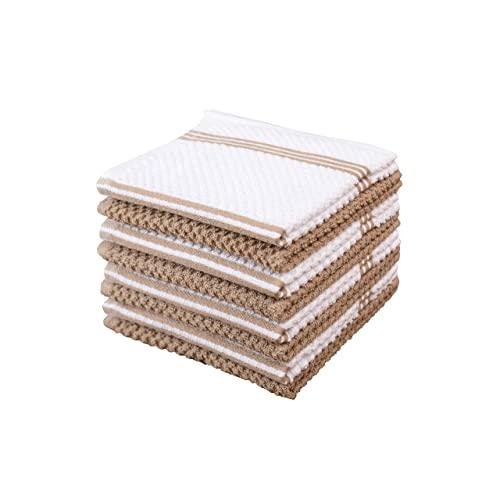 Sticky Toffee Cotton Terry Kitchen Dishcloth, 8 Pack, 12 in x 12 in, Tan Stripe