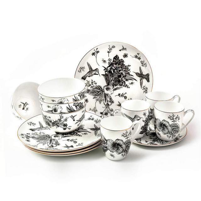 KOKEN - 16-Piece Dinnerware Set (Service for 4) fine bone china with design , Botanic Flower collection, Black & White with gold Ring, Ideal for special occasions or every day