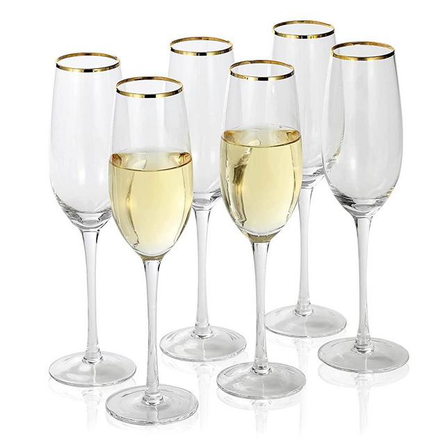 EVEREST GLOBAL Gold Rim Champagne Flutes 8.0 oz set of 6 Hand Blown Crystal Clear with Golden Rim