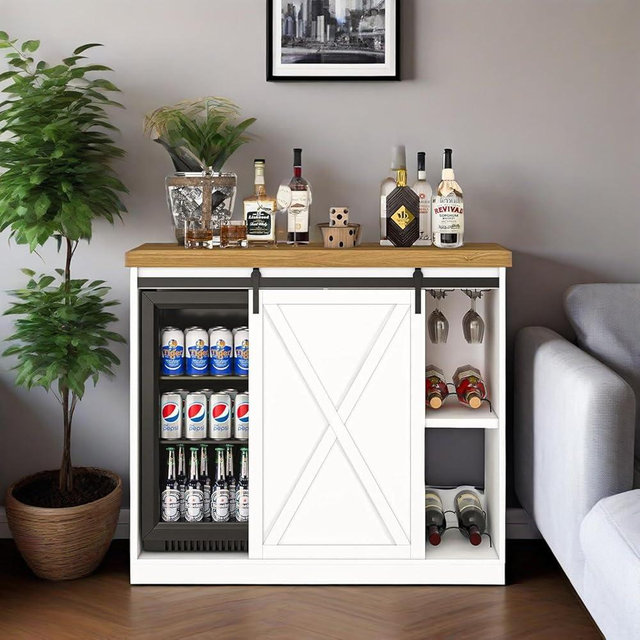 JassmiPkwy Coffee Bar Cabinet with Fridge Space, Wine Cabinet with Rack, Power Outlet for Dining Room Living Room, White
