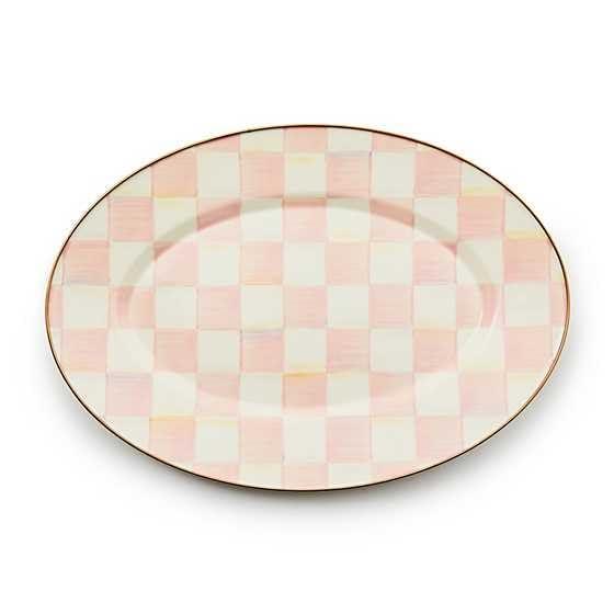 MACKENZIE-CHILDS Enamel Oval Platter, Serving Plate for Entertaining, Small, Pink-and-White Rosy Check