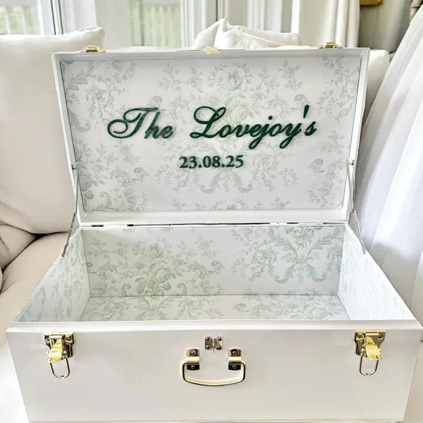 Green Trunk Card Holder Wedding Time Capsule Box Fiancée Proposal Box Bridal Personalized Memory Box Honeymoon Keepsake Chest with Name