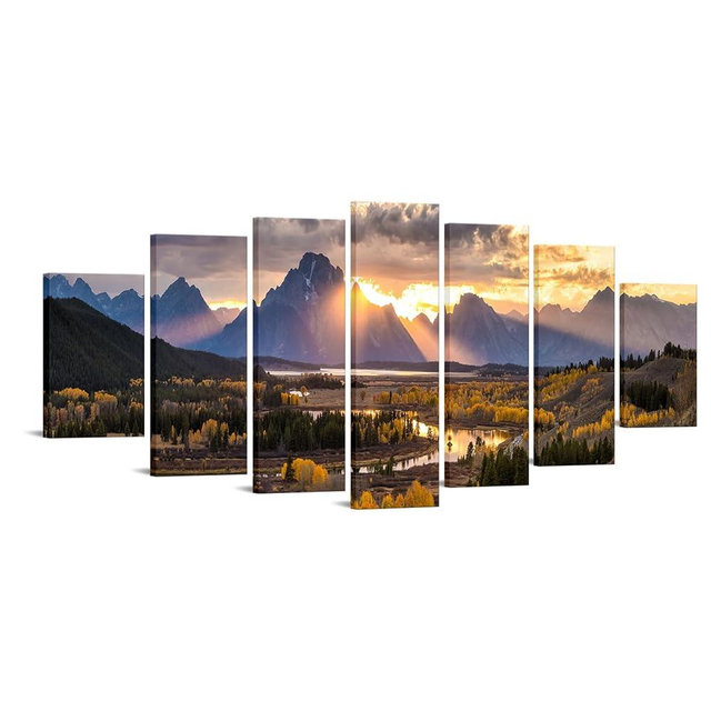 iKNOW FOTO XLarge Canvas Set of 7 Wall Art Grand Teton National Park in Autumn in Wyoming USA Landscape Picture Prints Painting Scenery Wall Decor for Home Decorations 70x32 Inches