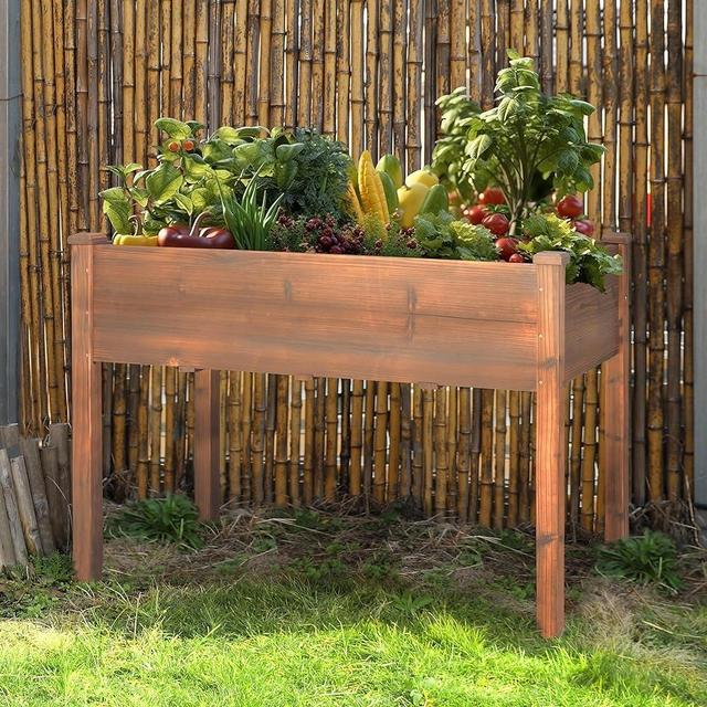 VEIKOU Raised Garden Bed, Planter Box with Liner, Drainage Holes, Outdoor Raised Garden Bed with Legs for Vegetable Flower Herb, 220 lbs Capacity, Rustic Brown