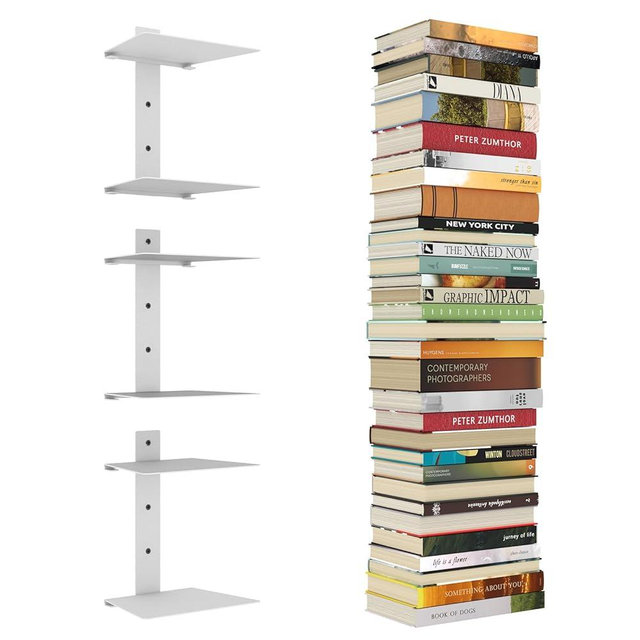 Mefirt Invisible Floating Bookshelves for Wall, 6 Tier Vertical Spine Book Tower, Heavy Duty Floating Book Shelves Metal Book Organizers for Home Office, 3 Pack(White)