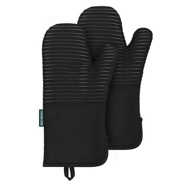 Oven Mitts, Beneno 2Pcs Non-Slip Silicone Textured Cotton Oven Mitts High Heat Resistant 500°F with Soft Terry Cloth Lining, 7"x14.3", Wide Opening Cuff Design, Comfortable & Flexible to Use, Black