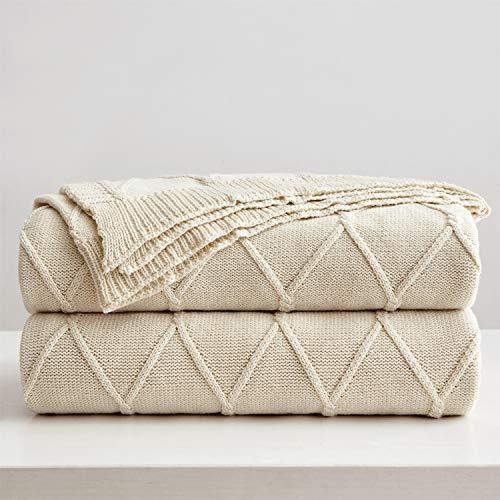 100% Cotton Cream Cable Knit Throw Blanket with Bonus Laundering Bag - Large 50 x 63 Inch Thick, Extra Cozy, Machine Washable, Comfortable Home Decor, Beige 2.5LB