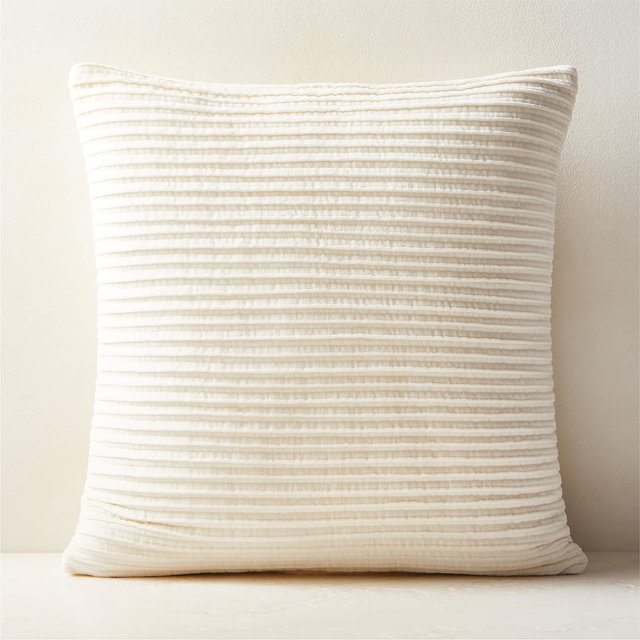 Paola Pleated Warm White Velvet Throw Pillow with Feather-Down Insert 20''x20"
