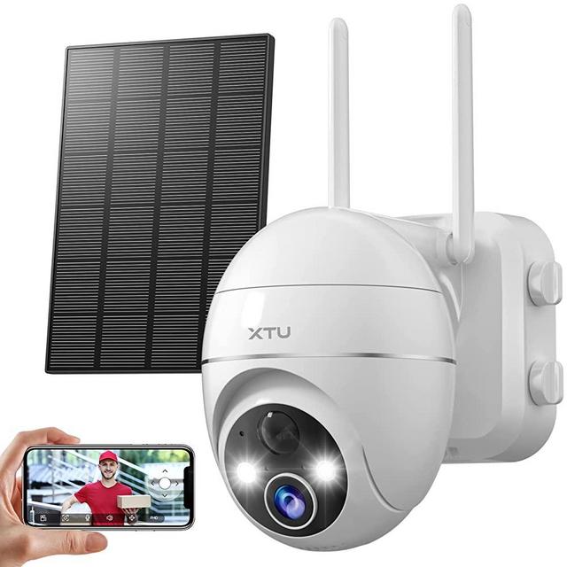 XTU Security Camera Outdoor, 2K Wireless WiFi 360° PTZ Camera, Solar Security Camera Battery Powered, Home Surveillance Camera with Spotlight & Siren/Motion Detection/3MP Color Night Vision/IP66