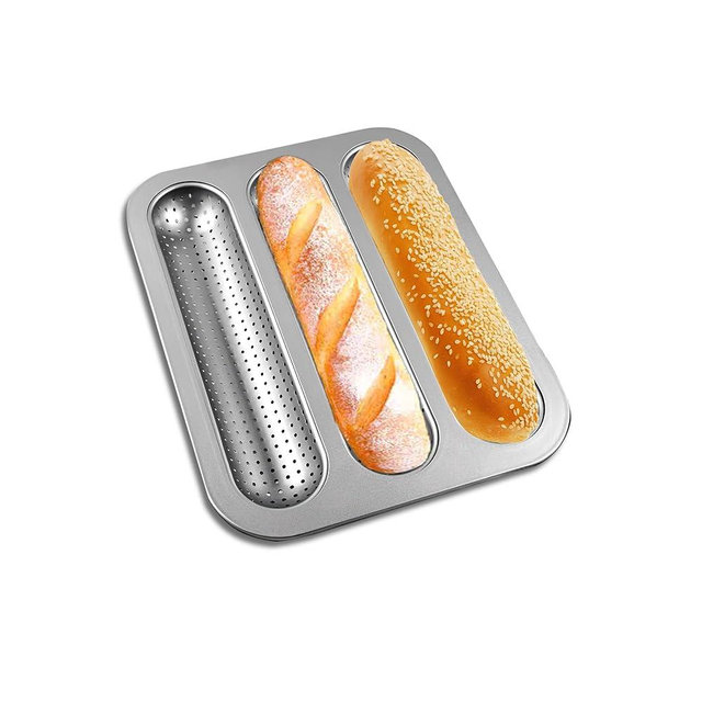 JSJMOFA Perforated Baguette Pan, Nonstick French Bread Pan, Carbon Steel 3 Cavity Baguette Mold, Long Loaf Toast Cake Mould Bakeware Baking Pans for Oven (Silver 1 Pack)