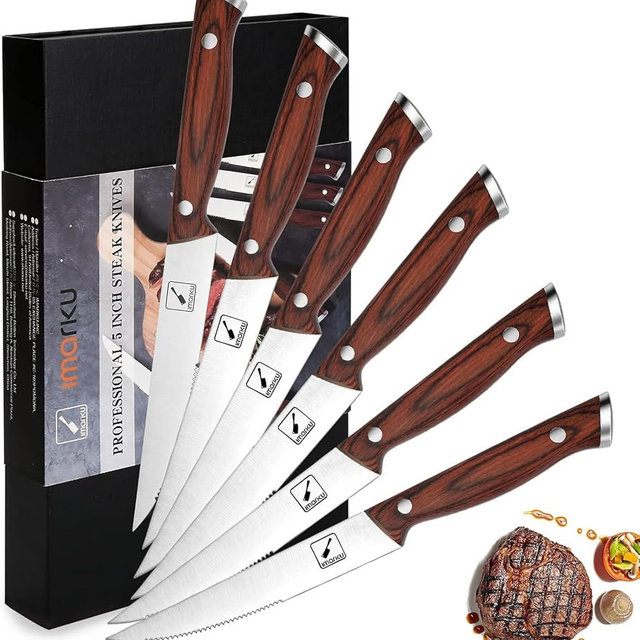 imarku 9" Steak Knife Set of 6, Japanese High Carbon Stainless Steel, Serrated Edge Glides Through Steak, No Sharpening, For 6 Guests, Complements Any Table