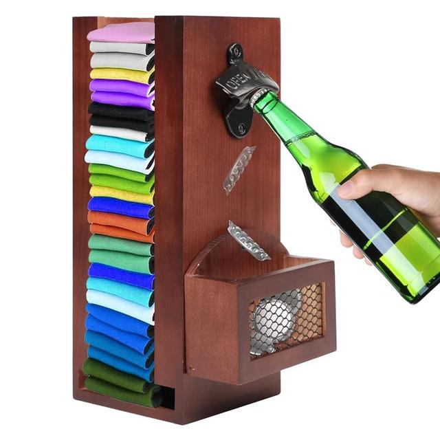 3 in 1 Wall Mounted Wooden Can Cooler Holder with Bottle Opener and Cap Collector,Can Store 30 Beer Sleeves, Wooden Beer Can Sleeve, Great Gift for Beer Lovers, 12 inches (Grey)
