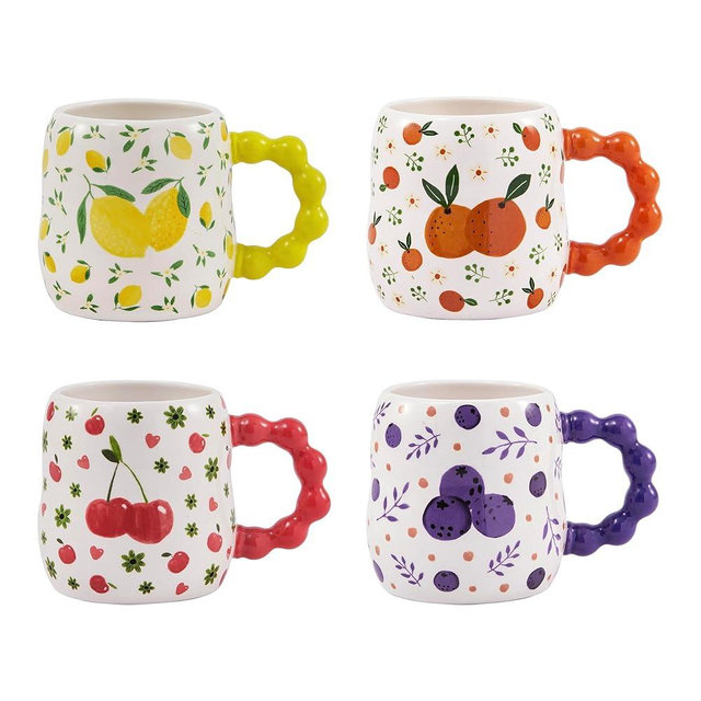 Bico Cartoon Fruit Pop Ceramic Mugs, Set of 4, for Coffee, Tea, Drinks, Microwave & Dishwasher Safe