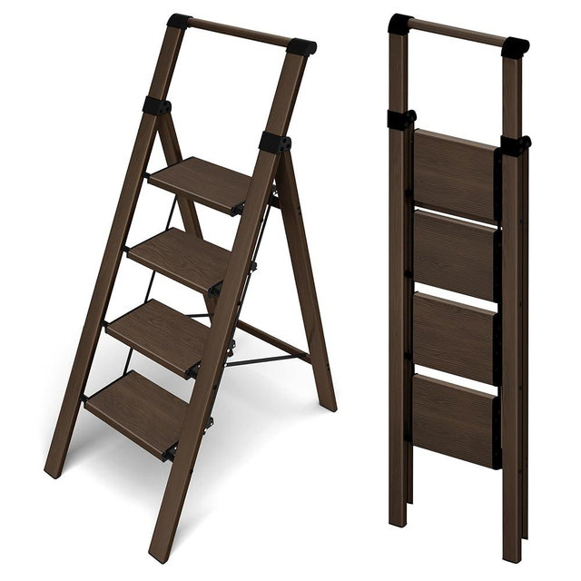 HillhutApex 4 Step Foldable Aluminum Step Ladder with Handgrip, Anti-Slip Pedal, 330lbs Capacity, Lightweight & Portable for Home, Kitchen, Office, Garage (Walnut)