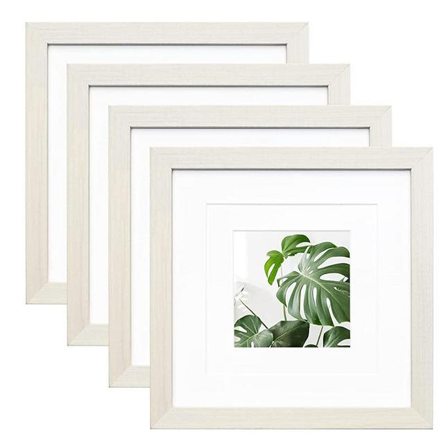 Egofine 8x8 Picture Frames Made of Solid Wood with Plexiglass, Display Pictures 4x4/6x6 with Mat or 8x8 Without Mat Set of 4 for Tabletop and Wall Mounting, Beige