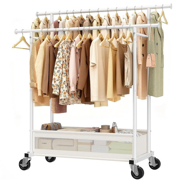 Snhomee Clothes Rack, Double Rods Clothing Rack, Clothing Racks for Hanging Clothes, Rolling Clothes Rack with Storage Basket & Heavy Duty Wheels, Garment Rack for Bedroom, Laundry Room, White