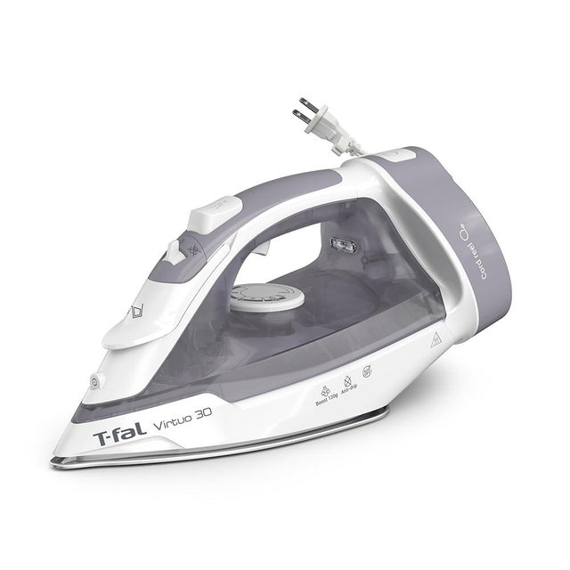 T-Fal Virtuo Steam Iron for Clothes with Retractable Cord, Portable Iron and Steamer for Clothes, Ceramic Nonstick Soleplate, 1500 Watts, Anti-Drip, Auto-Off, Scratch Resistant, Grey