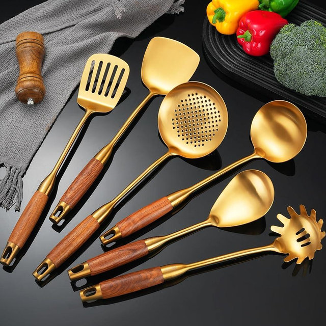 NIITAWH Gold Kitchen Utensils Set with Wooden Handle, 6 PCS Professional Stainless Steel Cooking Utensils Set, Wok Spatula, Ladle, Skimmer, Slotted Spatula Turner, Spaghetti Spoon, Large Spoon