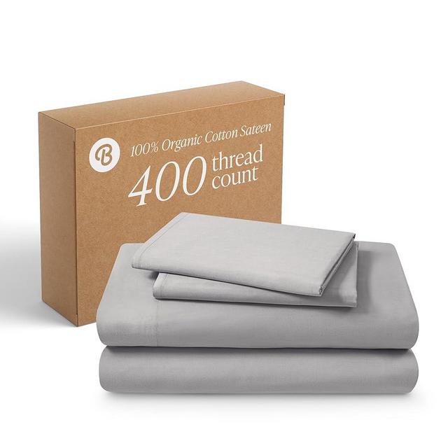 Bare Home 100% Organic Cotton Queen Sheet Set - 400 Thread Count - Smooth Sateen Weave - Breathable & Cooling - Hotel Luxury Set - Deep Pocket Bed Sheets (Queen, Light Grey)