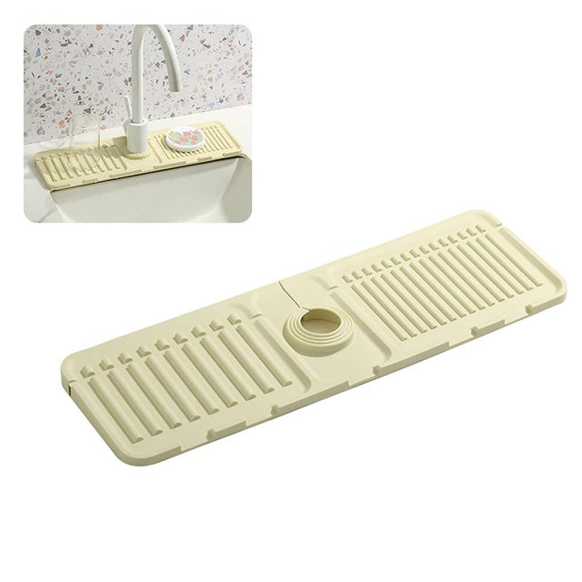Faucet Mat for Kitchen Sink - 2024 Upgraded Premium Silicone Splash Guard with Fast Drying Properties - Protective Sink Tray Ideal for Stone Sinks in Kitchen & Bathroom (1, Beige)