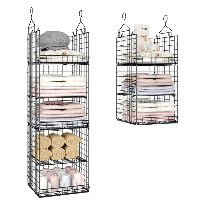 5 Tier Closet Hanging Organizer and Storage Separable Hanging Closet Shelves with 4 Hanging Hooks 2 Adjustable Dividers, Wire Storage Basket Bins for Clothing Sweaters Socks Dolls Handbags, Foldable
