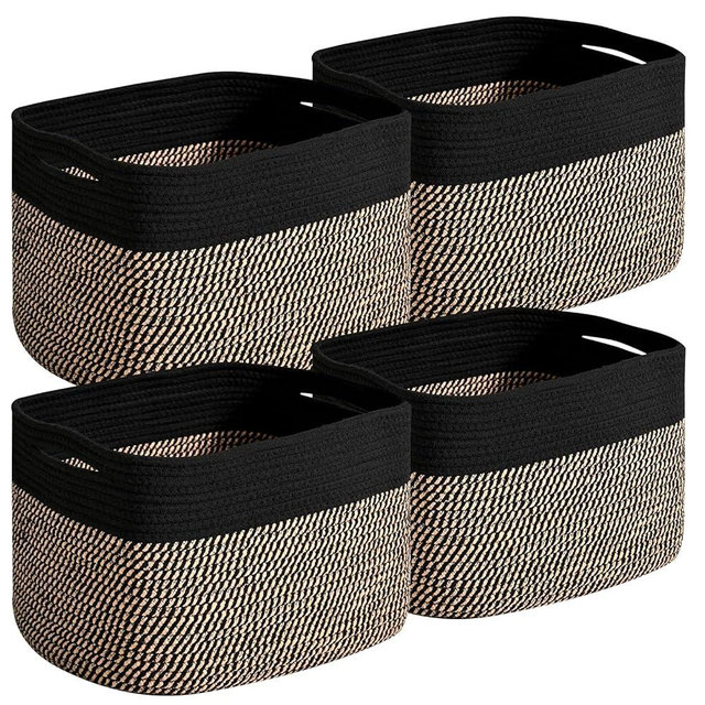 Dcerzxzci Small Storage Baskets for Organizing Shelves, Cotton Rope Basket for Storage, Cute Rectangular Book Toy Basket, 12.7"×9.1"×7.9", 4 Packs, Black & Jute