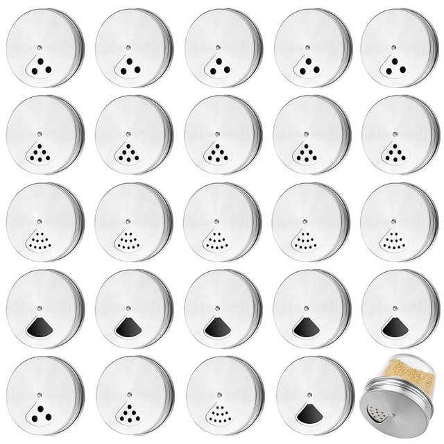 Tiangrid 24 Pack Adjustable Spice Shaker Lids for Regular Mouth Mason Jars Stainless Steel Mason Jar Seasonings Dispenser Lids with Shaker and Pour Options for Salt Sugar Flour Seasonings(2.76 Inch)