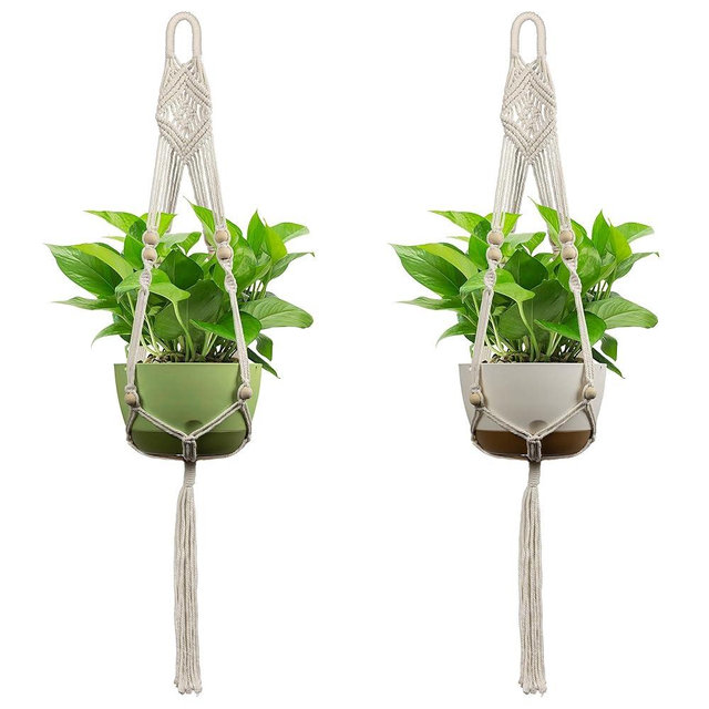 USLAI Macrame Plant Hanger Indoor Outdoor, Up to 4-15 inch Pot, Heavy 20lb Planters, Extra Long Strong Hanging Planter Basket, Boho Home Decor, 41 Inch, Ivory, Set of 2 (POTS NOT Included)