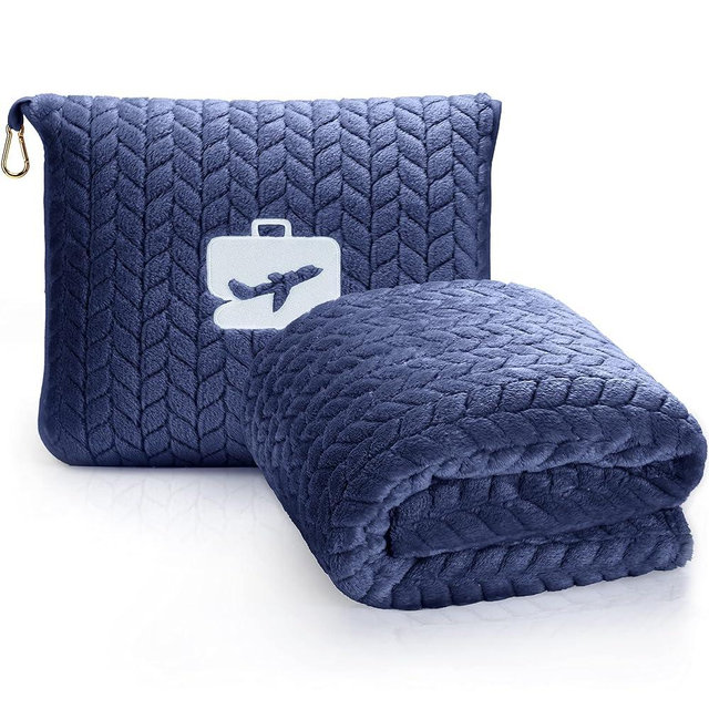 EverSnug Premium Travel Blanket Pillow - Soft 2 in 1 Airplane Blanket with Soft Bag Pillowcase, Hand Luggage Sleeve and Backpack Clip (Navy Blue)