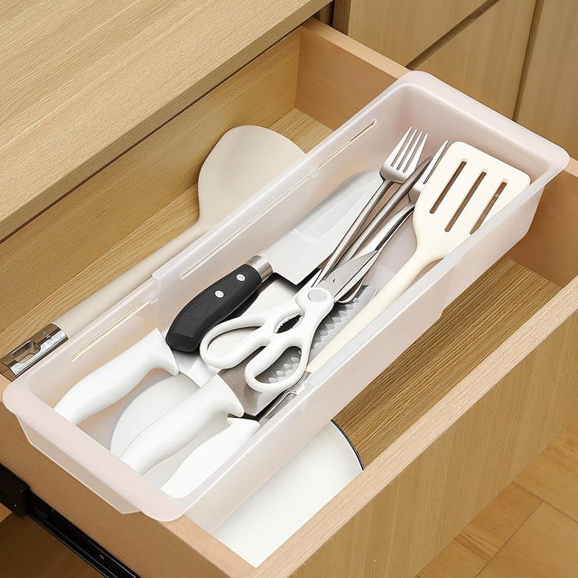 Gulfmew 2 Pack Deep Drawer Organizer Bins, Adjustable Sliding Drawer Organizer Bin Expandable Tray for Kitchen Utensils, BBQ Tools, Towels, Durable Plastic Sliding for Easy Storage (17" to 27”)
