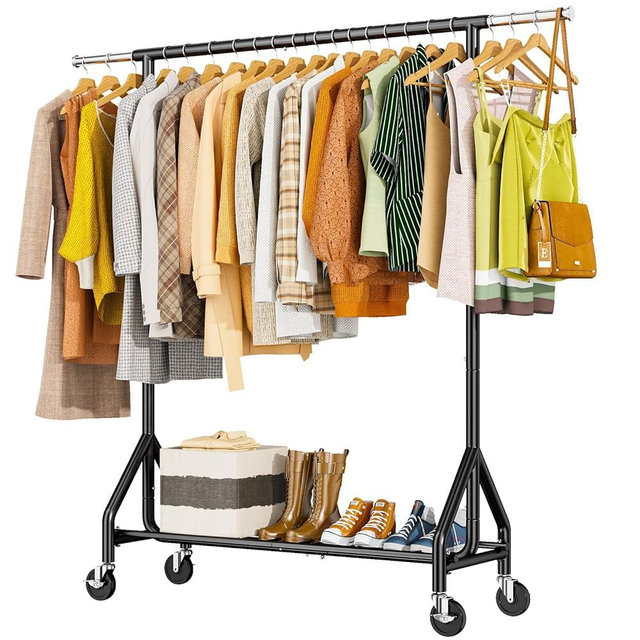 HYSEYY Heavy Duty Clothes Rack Load 450 LBS, Metal Garment Rack, Standing Rolling Clothing Rack for Hanging Clothes with Sturdy Wheels & Shelves, Portable Closet Wardrobe Rack,Black