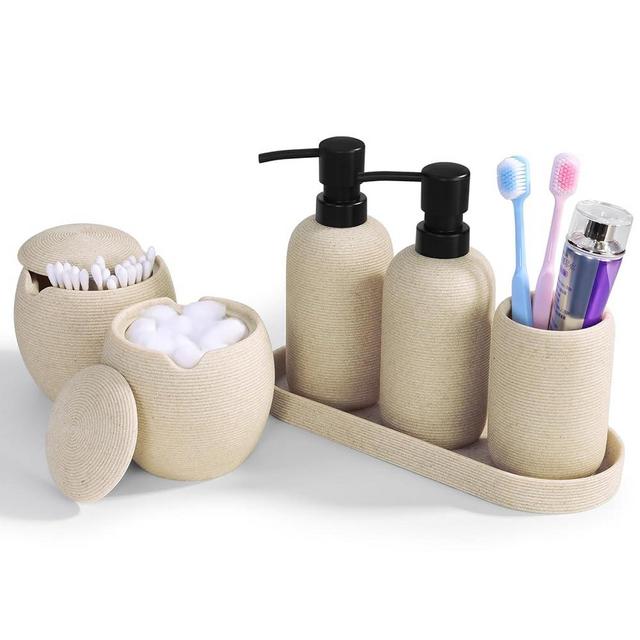 6-Piece Bathroom Accessories Set - Resin Bathroom Set, Lotion Dispenser, Tumbler, Vanity Tray, Cotton Swab Jars with Lids, Bathroom Organizer, Elegant Bath Decor for Home Dorm Hotel Countertop (Beige)