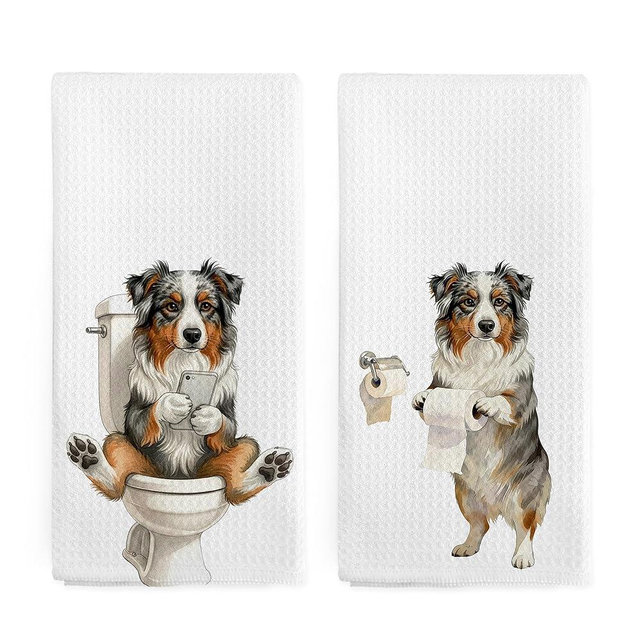 nvucamd Funny Australian Shepherd Gifts Hand Towels Set of 2 for Bathroom, Dog Bathroom Decor, Australian Shepherd Dish Tea Towels, Dog Theme Hand Towel for Toilet Washroom Kitchen Decor, 16x24 Inch