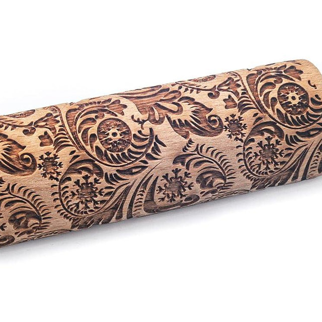 Embossed Rolling Pins for Baking, Small Wooden Roller Pin with Textured Pattern, Best Gift for Wedding, Holiday, Mother, Friends (Flower)