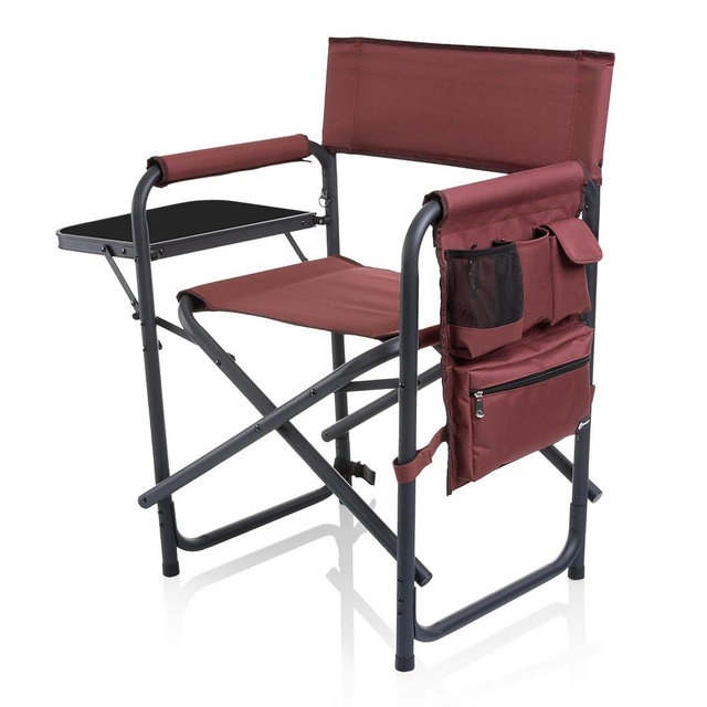 PICNIC TIME Sports Chair with Side Table, Outdoor Foldable Padded Adult Camping Chairs with Cup and Accessory Panel for Lawn, Beach, & Sports Use for Adults, up to 300-lbs Capacity, (Burgundy Red)