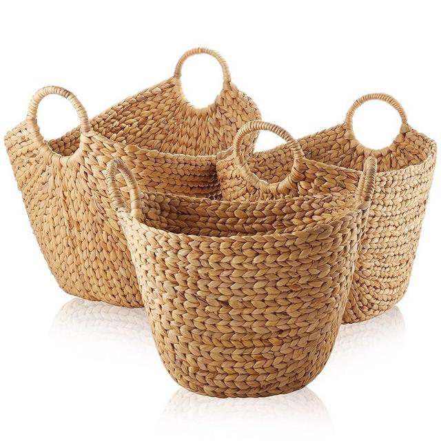 Casafield Set of 3 Multipurpose Boat Baskets with Handles, Woven Water Hyacinth Storage Organizers for Throw Blankets, Bedroom, Living Room, Laundry