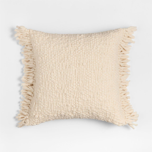 Chunky Woven Wool Fringe 23"x23" Arctic Ivory Throw Pillow with Down-Alternative Insert
