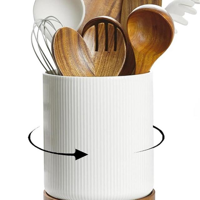 getstar Utensil Holder, 360° Rotating Large Kitchen Utensil Holder, Ceramic Cooking Utensil Holder for Kitchen Counter with Rotatable and Detachable Wooden Base