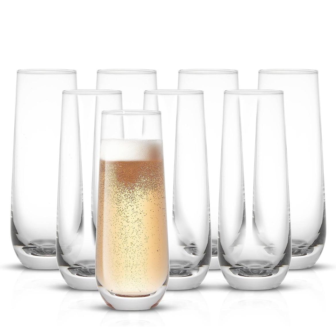 JoyJolt Milo Stemless Champagne Flutes Set of 8 Crystal Glasses. 9.4oz Champagne Glasses. Prosecco Wine Flute, Mimosa Glasses Set, Cocktail Glass Set, Water Glasses, Highball Glass, Bar Glassware