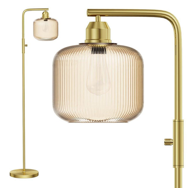 Glass Floor Lamp for Living Room, Modern Standing Lamp with Champagne Gold Ribbed Glass Lampshade, Stepless Dimmable Rotary Switch, 66” Tall Lamp & Gold Floor Lamp for Bedroom Study Room,Brushed Gold