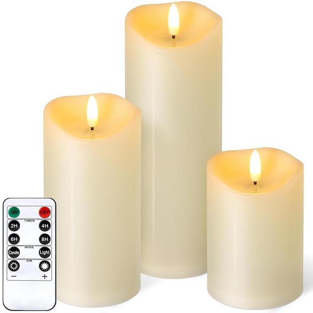 Outdoor Flameless Candles with Remote Timer - Waterproof Realistic Flickering LED Pillar Electric Battery Operated Fake Candle for Holiday Home Wedding Fireplace Decor - Ivory 3 Pack (D3”H4”6”8”)