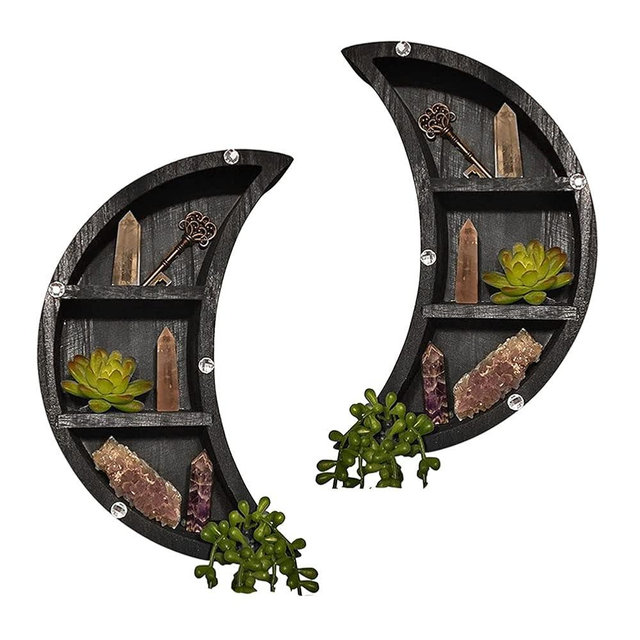 Saycker 2 Pcs Moon Shelves, Wooden Crescents Moon Shelf for Crystal Display, Wall Mounted Moon Shelf Wall Decor, Crystal Display Shelf Floating Shelves, Moon Decor for Living Room(Black)