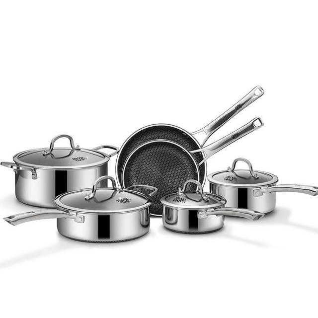 SNOWCLAD Pots and Pans Set Non Stick, 10 Pcs Hybrid Stainless Steel Cookware Sets, Non Stick Frying Pans, Saucepans, Saute Pan & Stock Pot, PFOA Free Kitchen Skillet,Induction Compatible